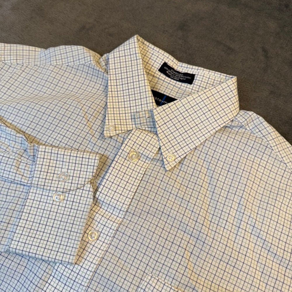 Statements Broadcloth Button Up Shirt Mens Medium White Blue Check Long Sleeve